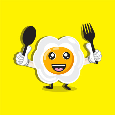 cute egg mascot illustration with spoon and forkのイラスト素材