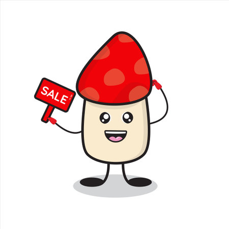 illustration of cute mushroom mascot with sale signのイラスト素材