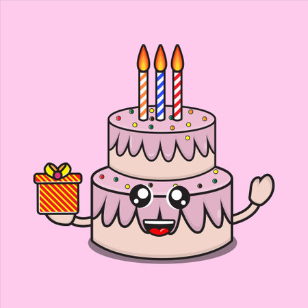 mascot cute birthday cake with gift, cute cake character with love vectorのイラスト素材