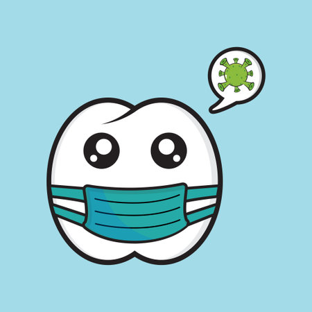 cute mascot character teeth wearing mask, tooth character vector eps 10 with white backgroundのイラスト素材