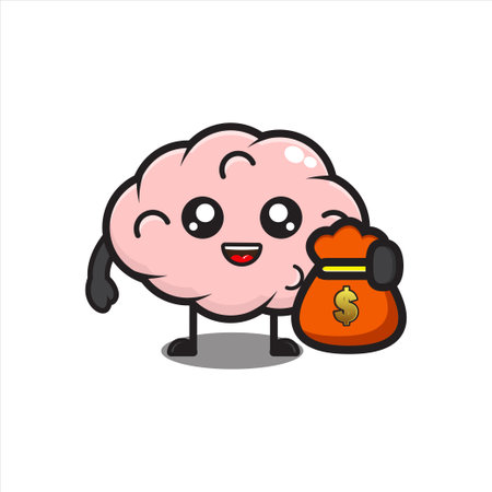 cute brain mascot illustration holding bag full of money, cute scrambled character on white background vector eps 10のイラスト素材