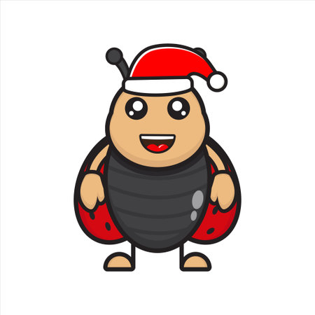 cute ladybug mascot on christmas day, vector ladybug character with eps 10 design on white backgroundのイラスト素材