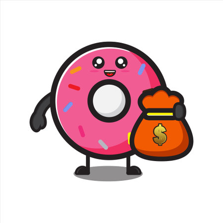cute donut mascot with bag full of money, cute donut character on white background vector eps 10のイラスト素材