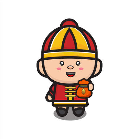cute chinese boy with money bag, chinese boy mascot character  on white backgroundのイラスト素材