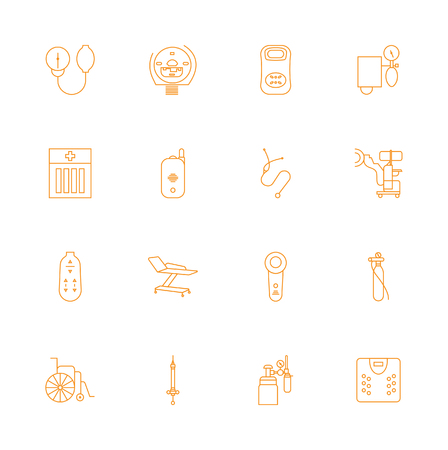 Assorted Medical Devices Icons Set - Linear Design Vector Illustrations orange On White Backgroundのイラスト素材