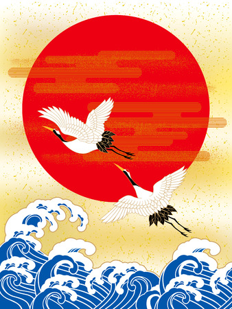 Illustration of wave and sun and craneのイラスト素材