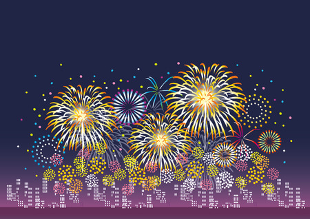 Night view and fireworksのイラスト素材