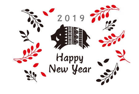 It is a Northern European greeting card of a wild boar and a reef.のイラスト素材