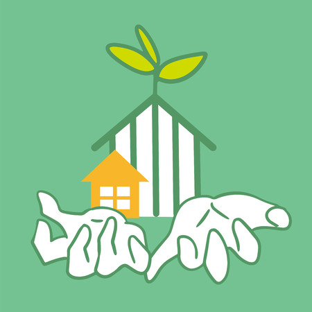 Illustration of an eco-house in the palm of your handのイラスト素材