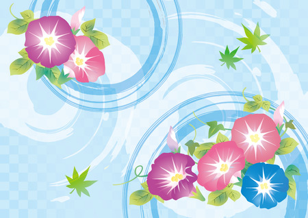 Cool light blue Japanese style pattern and morning glory flowersのイラスト素材