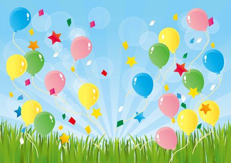Balloons and confetti pop out on the grass against the blue skyのイラスト素材