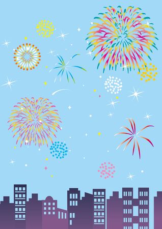Fireworks and summer festival posters in a group of buildings, night view.のイラスト素材