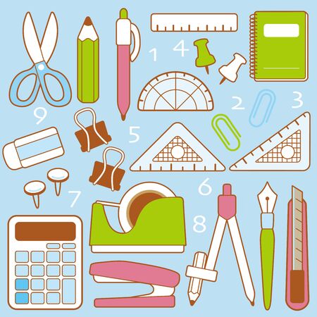 It is an illustration where a lot of stationery is lined upのイラスト素材