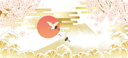 Illustration of Japanese cherry blossoms and Mt. Fujiのイラスト素材