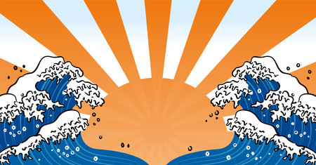 Horizontal poster of Japanese painting sea wavesのイラスト素材