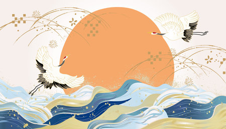 Sea Japanese style background illustration with wavesのイラスト素材
