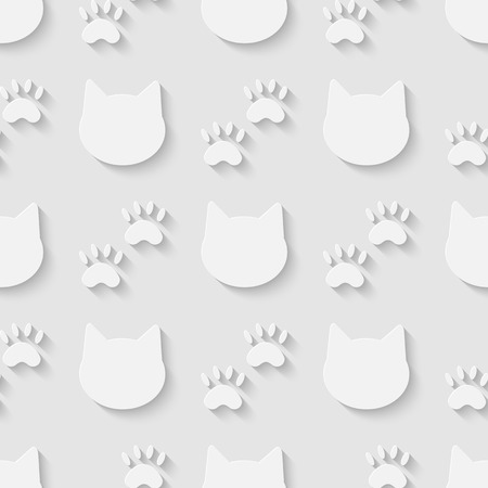 Vector 3d seamless cat head and paw silhouette pattern background. Minimalistic monochrome background for decoration wallpaper and print. Eps10のイラスト素材