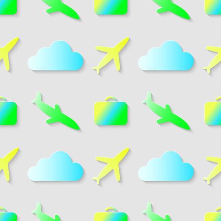 Vector 3d seamless pattern with bag cloud and airplane. Symbols of travel minimalistic colorful background for decoration wallpaper and print.のイラスト素材