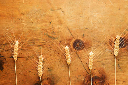 Old wood table with spikelets of wheat makes a frame for a text in rustic vintage style. Top view. Retro concept background. For poster, menu and recipe.の写真素材