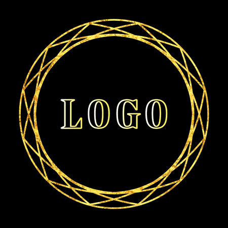 Golden round frame element with gold sparkling circle geometric forms space for text or design. Black background. のイラスト素材