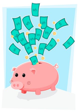 cute piggybank with money and coin flying aboveのイラスト素材