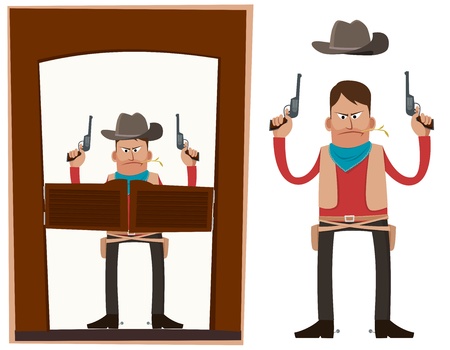 Cowboy entering saloon carrying pistols in his both hands のイラスト素材