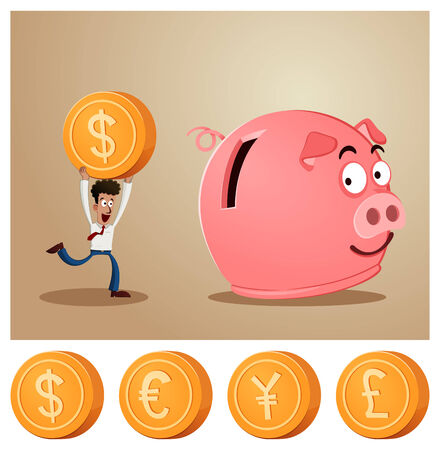 an office worker saving money into smiling piggybankのイラスト素材