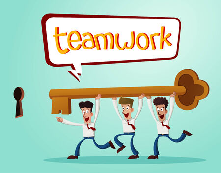 office workers working together inserting a key into the keyholeのイラスト素材