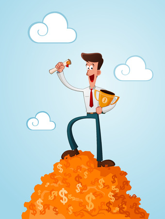 successfull businessman standing in the top of dollar symbol carrying trophyのイラスト素材