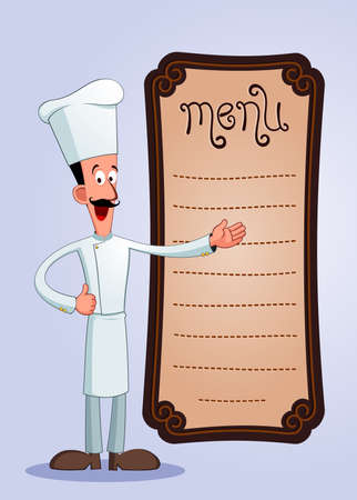 friendly chef with a big mustache offering menuのイラスト素材