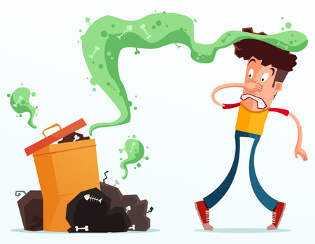 young man get annoyed because of stinky garbageのイラスト素材
