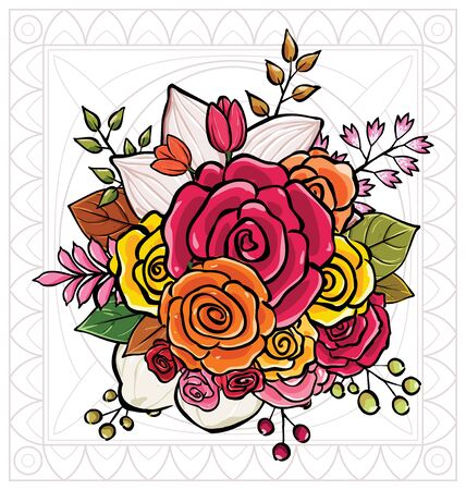 colorful flower bouquet vector illustration, best choice for classic and romantic design, easy to break apart and rearrangeのイラスト素材