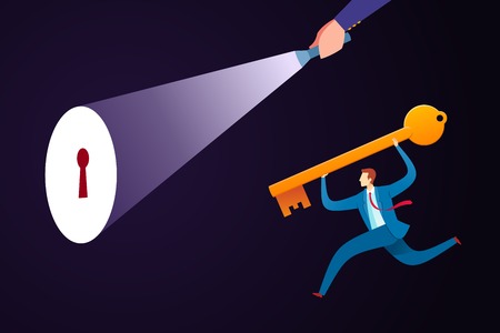 businessman get a guidance to put a key in its place as an problem solution. Business concept vector illustration.のイラスト素材
