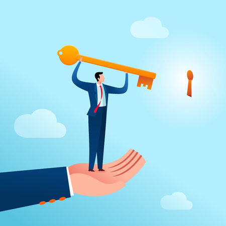 businessman get an assist to put a key in its place as an problem solution. Business concept vector illustration.のイラスト素材