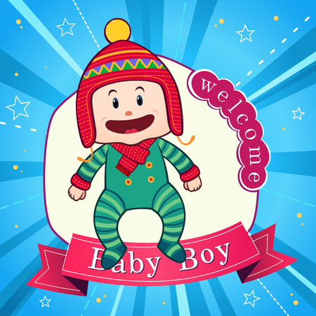 Newborn baby celebration. Cute postcard banner poster design template. Vector illustration.のイラスト素材