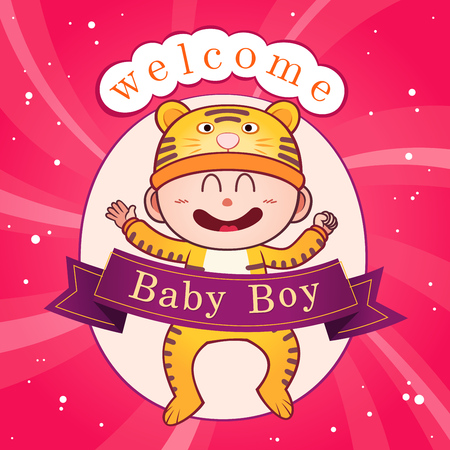 Newborn baby celebration. Cute postcard banner poster design template. Vector illustration.のイラスト素材