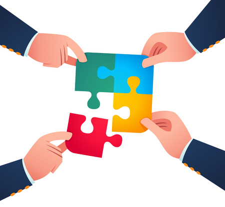 Working together to uniting puzzle piece. Business concept vector illustration.のイラスト素材