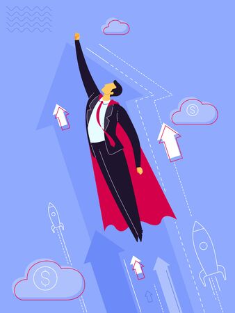 Businessman wearing a cape and taking off to high sky. Business concept vector illustration.のイラスト素材