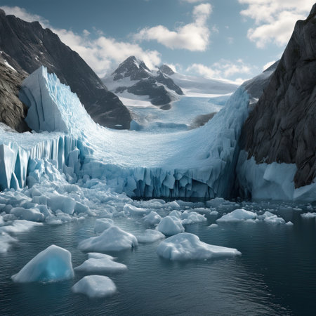 A glacier melting rapidly into the sea, with chunks of ice falling off. AI generatedの素材