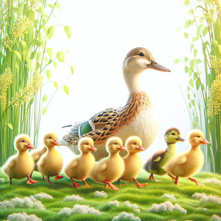 Duck family waddling together, showcasing bonds and playfulness on a white background, AI generatedの素材