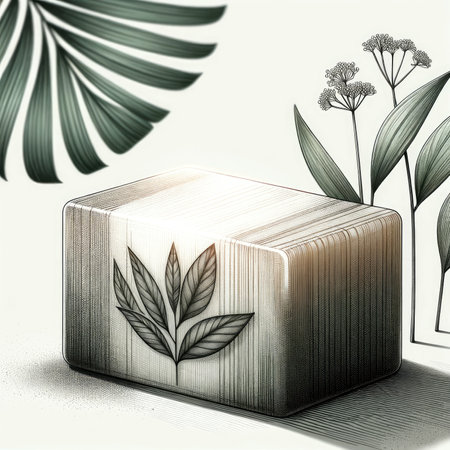 Eco-friendly natural plant-based soap bar with elegant design, emphasizing sustainability, AI generatedの素材