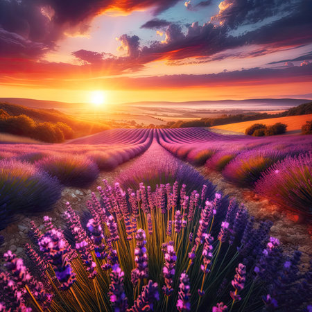Lavender field at sunset with colorful sky and tranquil countryside, AI generatedの素材
