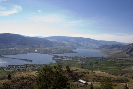 Lake Osoyoos, South of Britsh Columbia, Canada - view from the top - mountains, fields and rural sceneryの写真素材