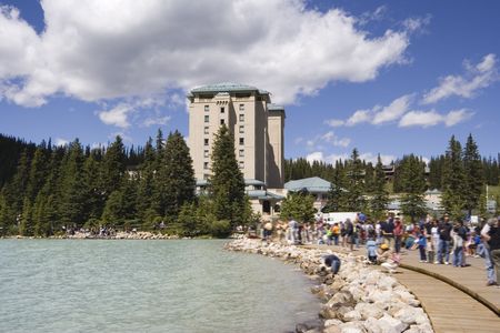 mass tourism on lake louise near the chateau - banff national park, canada -の写真素材