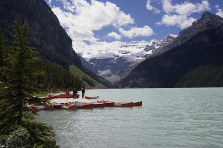 lake louise with canoe rental - banff national park, canada -の写真素材
