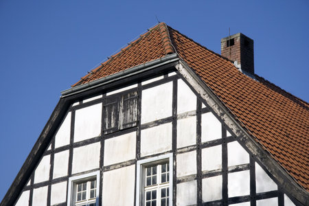 closeup of a half-timbered house in black and white with red tiles - in front of a forest in autum colorsの写真素材