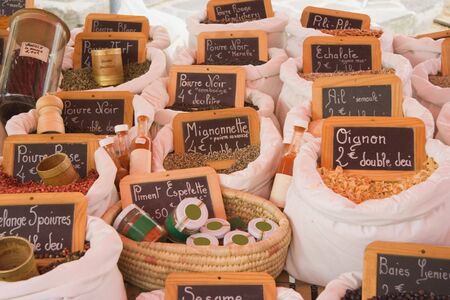 spices for sale - note for inspectors: writing on the can の写真素材