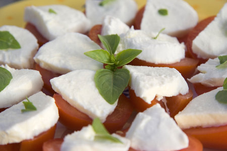 insalata caprese - shallow DOF - sliced tomatoes with mozzarella and basil  の写真素材