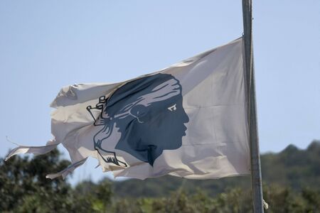 Man's Profile on White Flag - pirate flagの写真素材