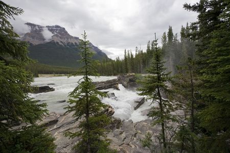 athabasca river spilling over athabasca falls - in the background pyramid mountain, jasper national park, alberta, canada - UNESCO World Heritage Siteの写真素材